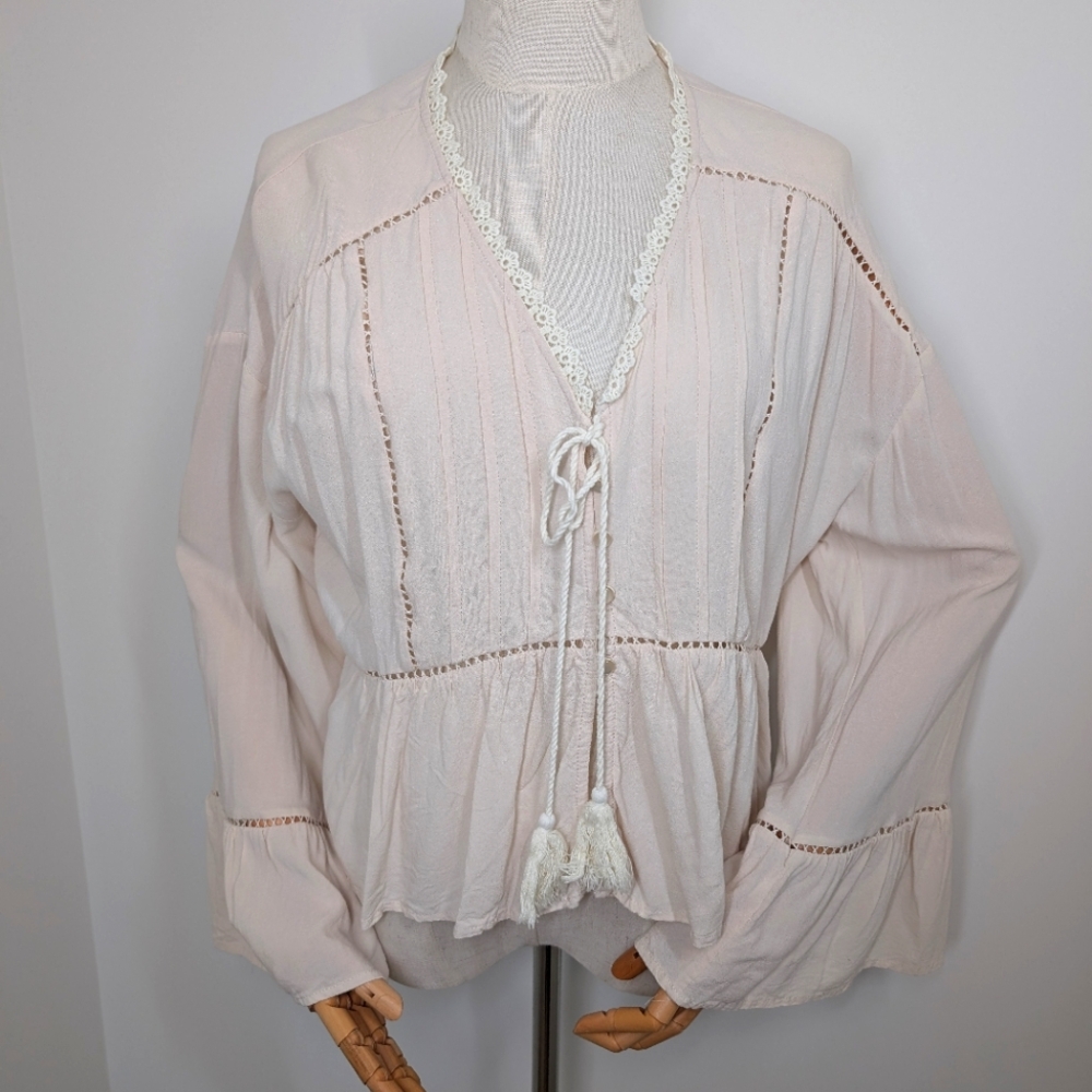 Cream Linen Blend Long Sleeve Top